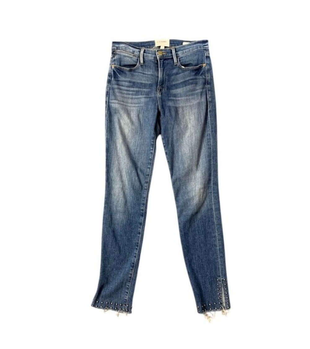 Frame Denim Jeans Womens 26 Hazelwood Le High Skinny Ankle Fray Slit Studded